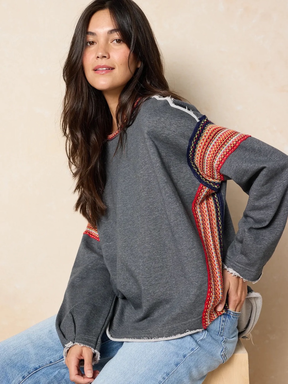 Natural Life Knit Trim Sweatshirt - Charcoal - S/M